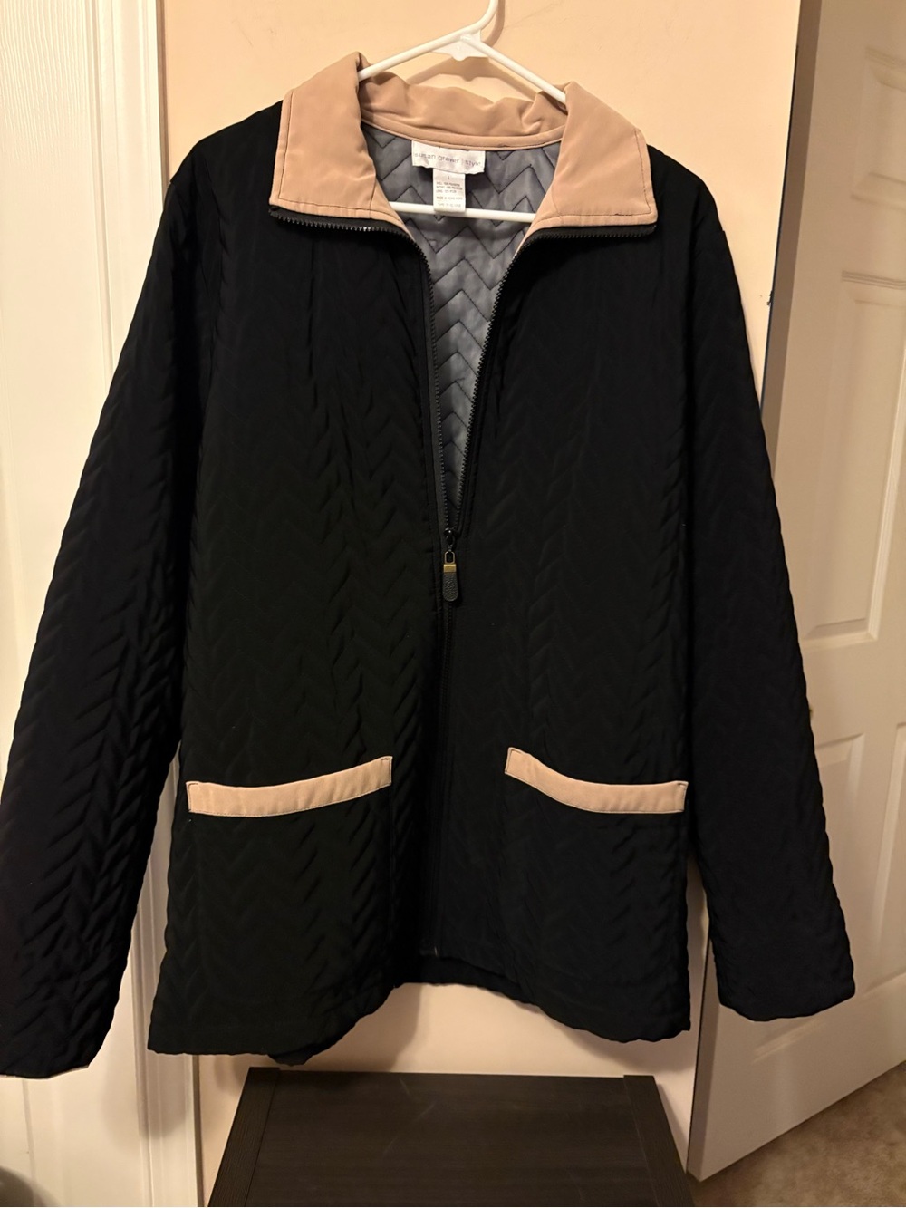 Susan Graver Black Quilted Jacket with Tan Trim